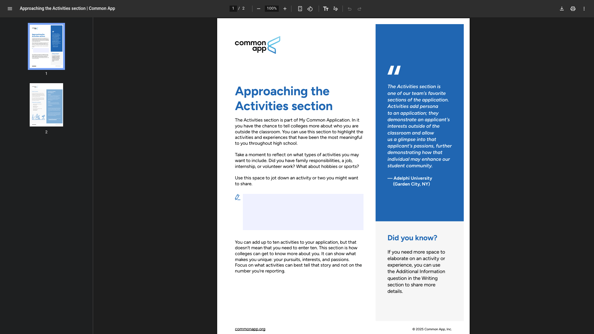 Screenshot: Common App activities guide PDF outlining activity entry requirements