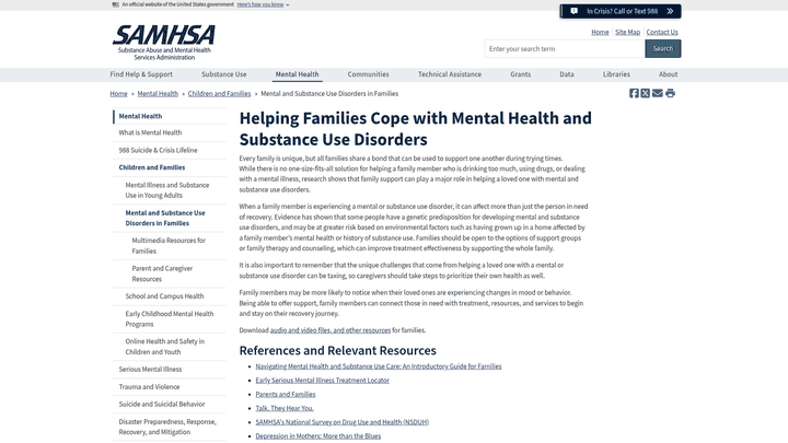 Screenshot: Screenshot of the SAMHSA Family Toolkit page, showing the resources, key sections, and downloadable PDFs that families can use to support a loved one during the first 72 hours.