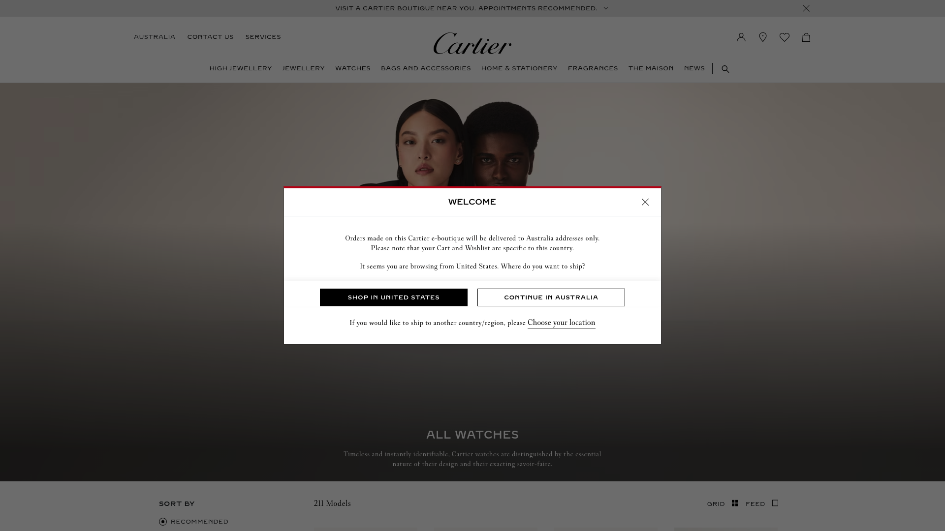 Screenshot: All Cartier watch collection page showing Santos, Tank, and Ballon Bleu models side by side.
