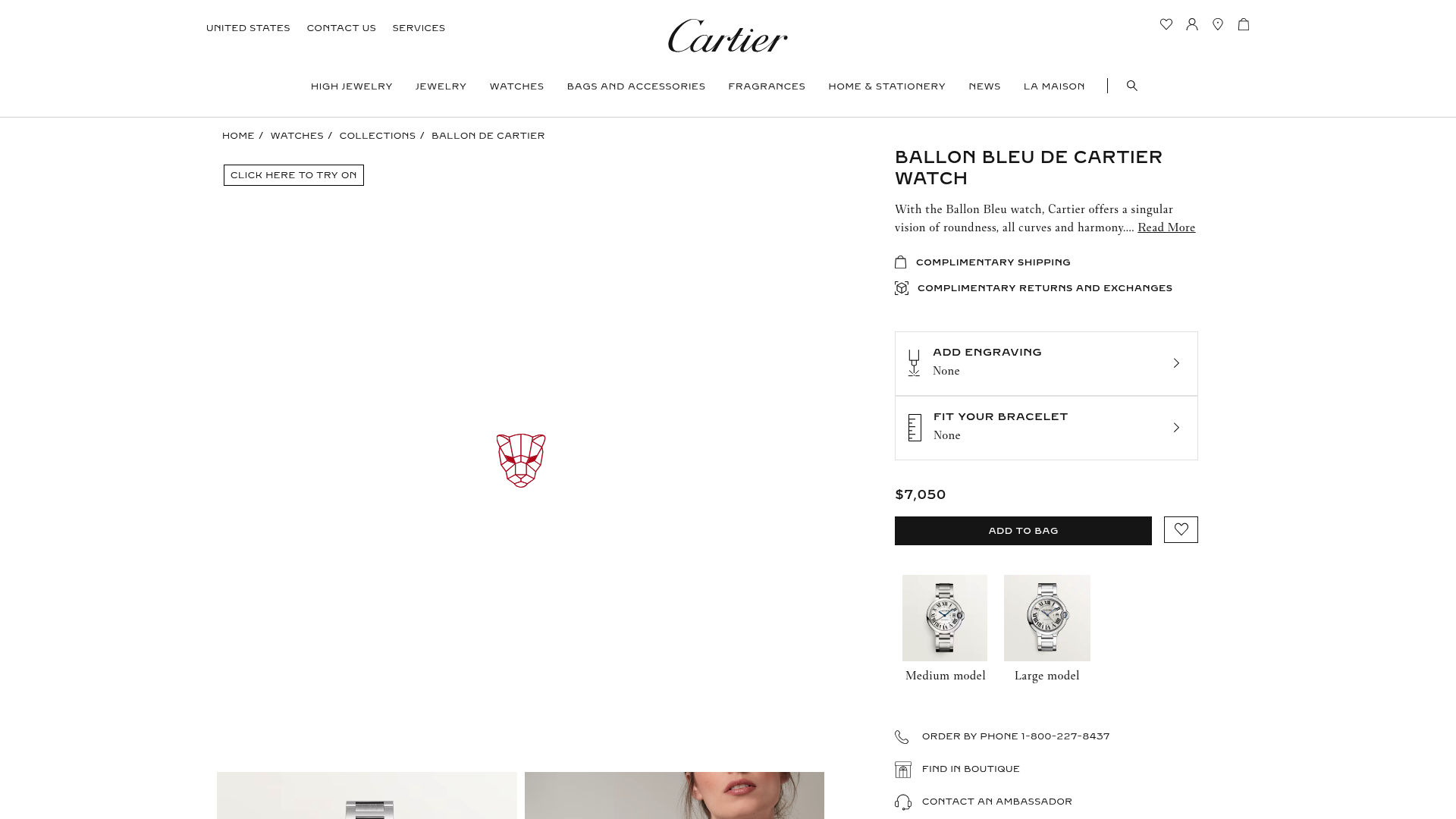 Screenshot: Ballon Bleu de Cartier product page with the round, elegant watch design.