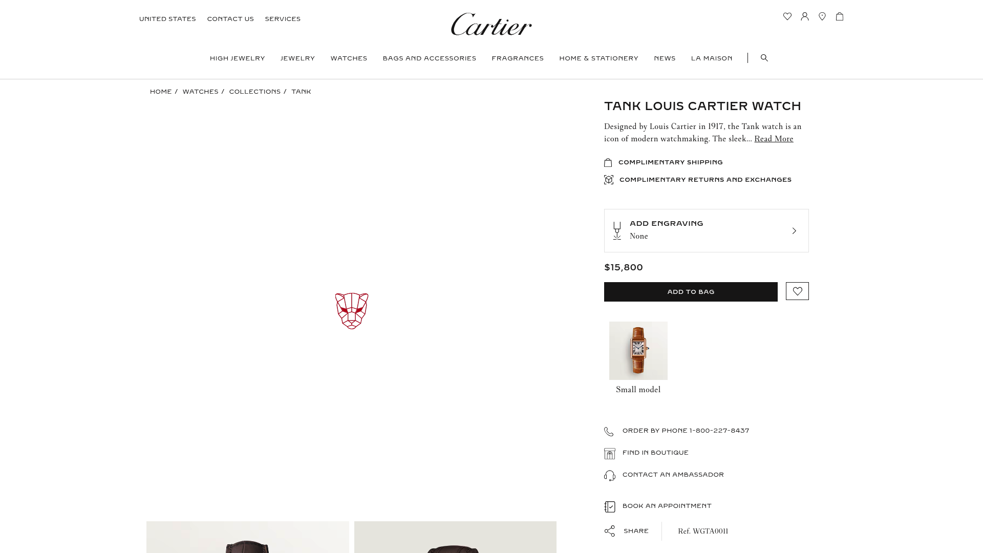 Screenshot: Tank Louis Cartier product page showcasing the classic rectangular shape.