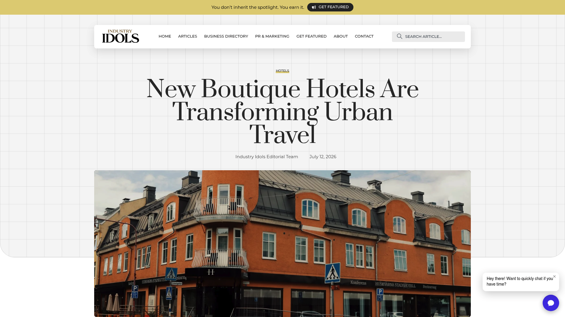 Screenshot: Screenshot of a boutique hotel editorial article highlighting storytelling techniques.