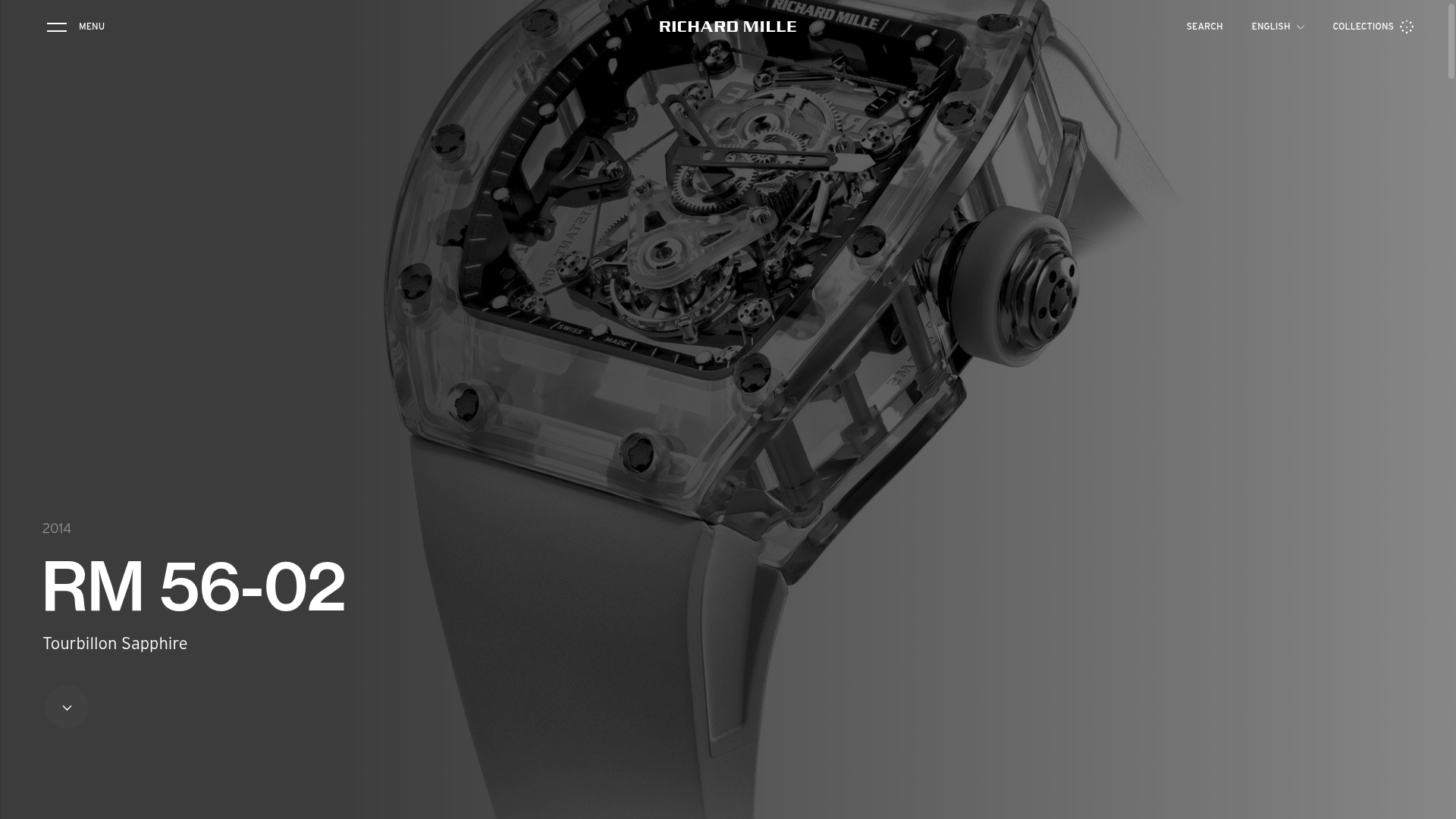Screenshot: Screenshot of the RM 56-02 tourbillon sapphire page showing the watch's details.