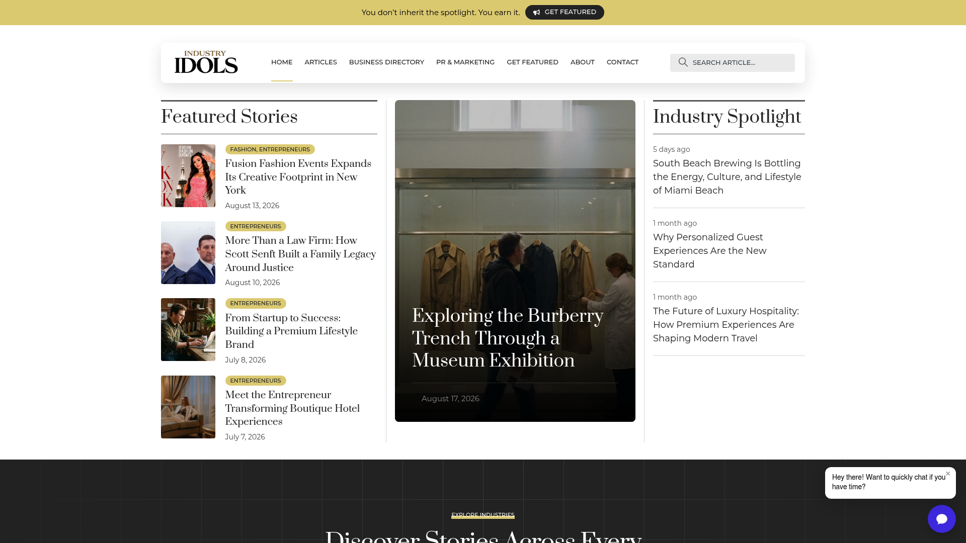 Screenshot: Screenshot of an Industry Idols editorial feature illustrating how storytelling conveys exclusivity.