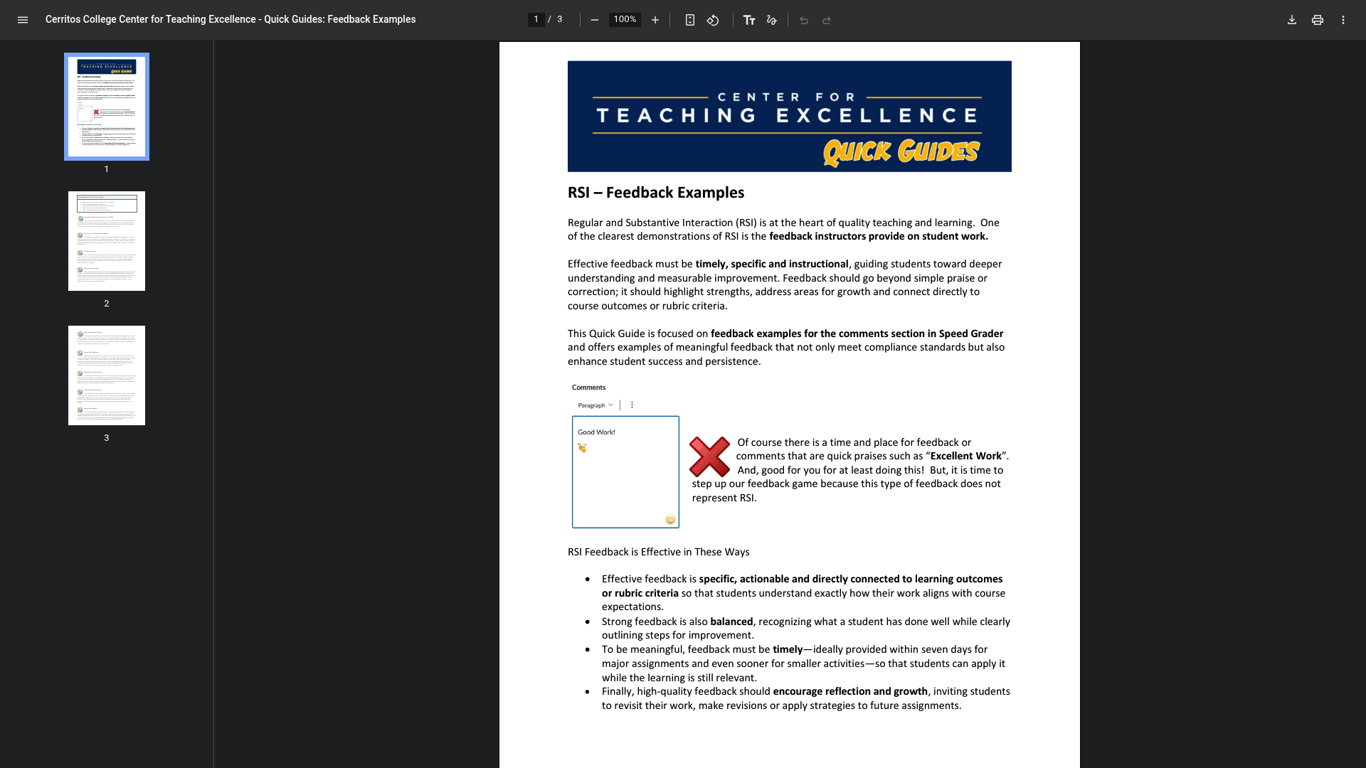 Screenshot: Screenshot of a PDF page containing detailed teacher feedback examples for various subjects.