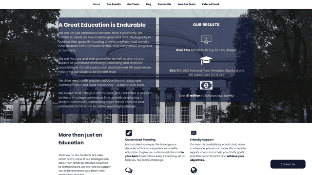 Screenshot: Screenshot of Endurable Education's Customized Planning section, showing the tailored strategy approach for students.