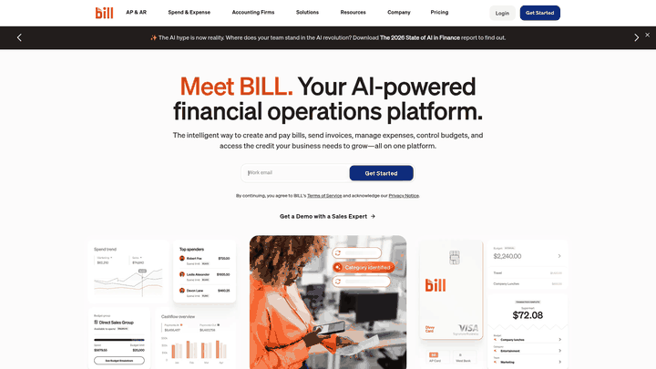 Screenshot: BILL&rsquo;s homepage showcases its AI-powered financial operations platform, illustrating its positioning as a modern alternative to traditional invoicing tools.
