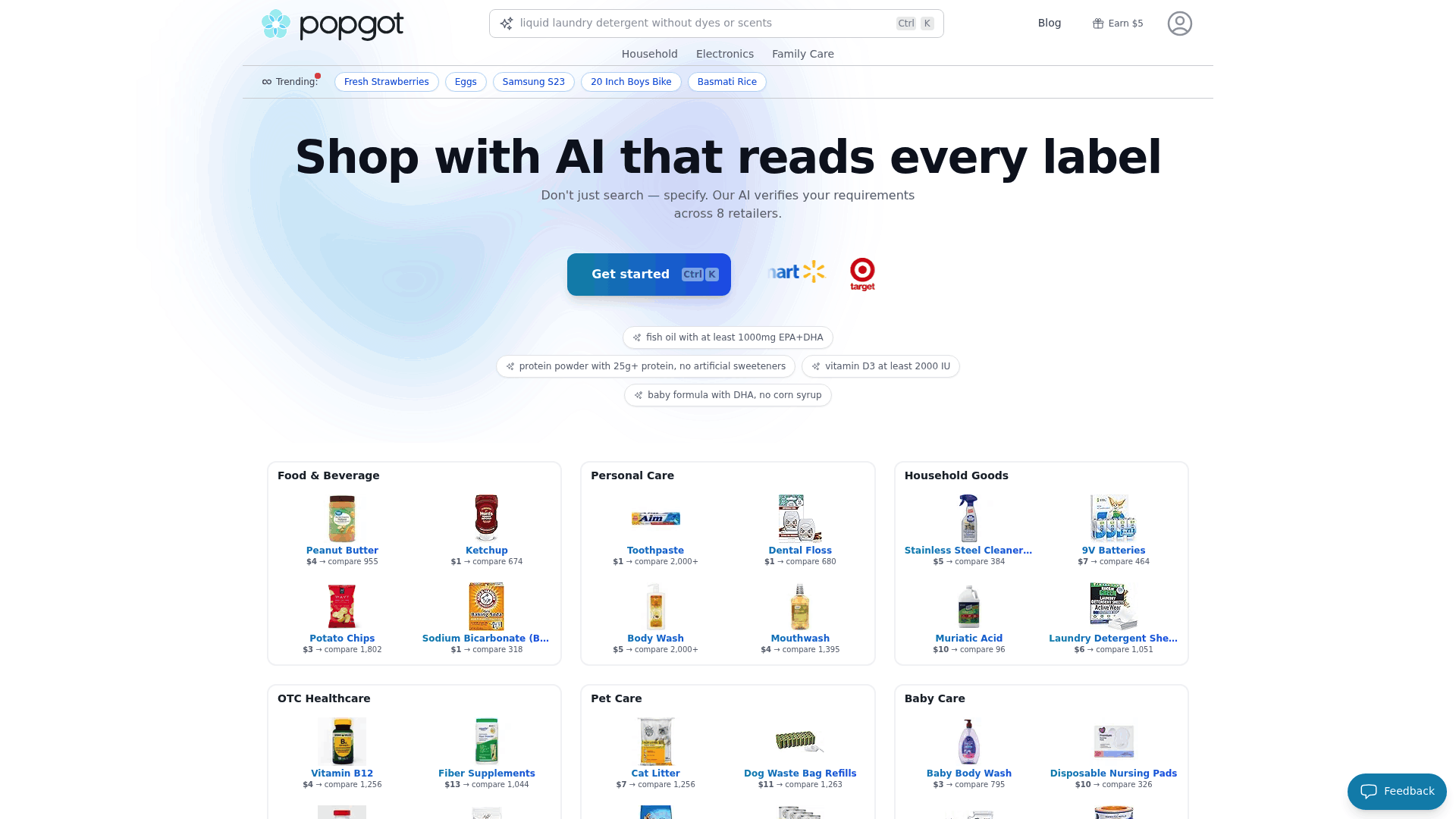 Screenshot: Popgot’s features section highlighting AI verification, multi‑retailer search, and accurate unit pricing.