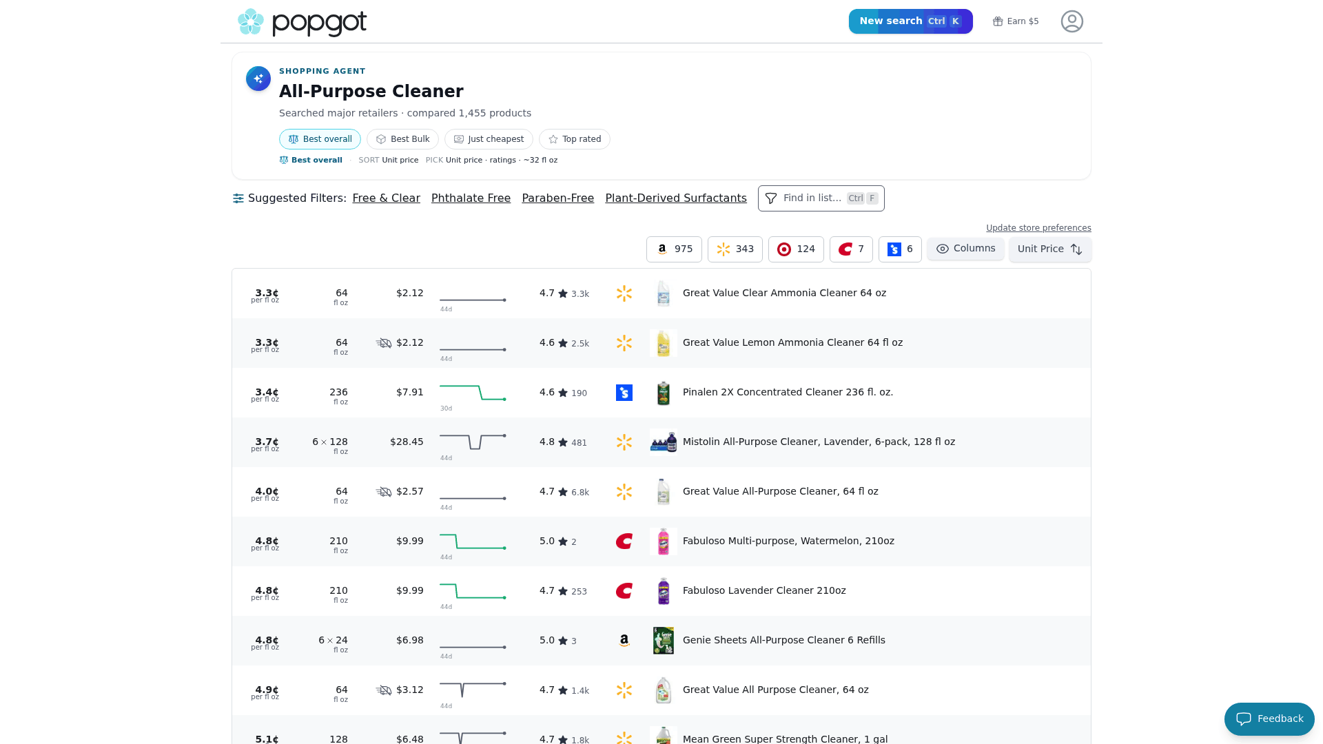 Screenshot: Product comparison table for all‑purpose cleaners with suggested filters such as "Phthalate Free" and "Paraben‑Free" that the AI automatically applies to the results.