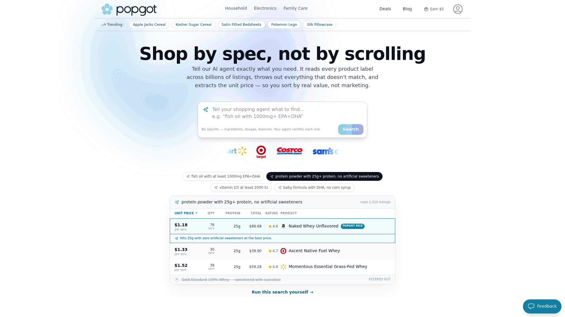 Screenshot: Displays a search result page for protein powder with a 25 g+ protein requirement, including unit pricing and the verified label.