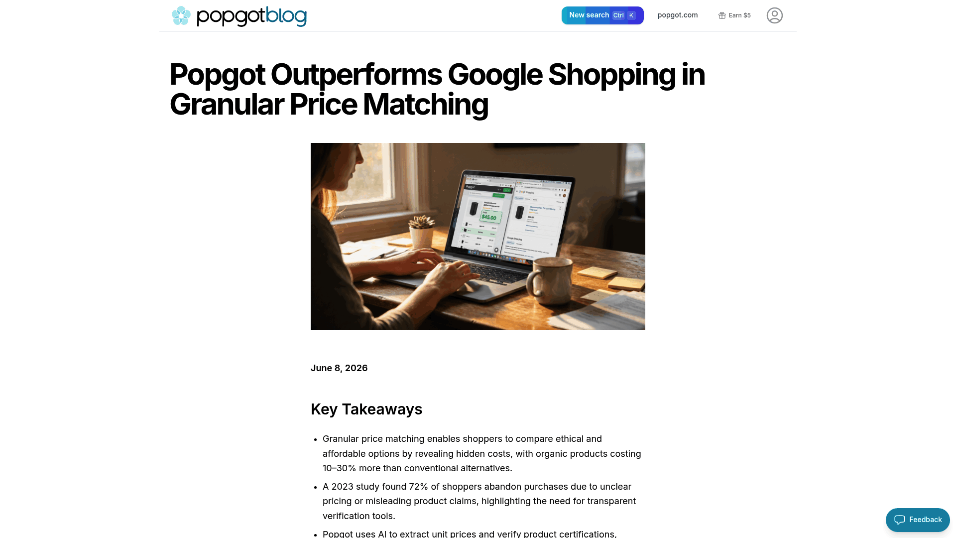 Screenshot: Shows the comparison table between Popgot and Google Shopping, highlighting verified certifications and precise unit pricing.