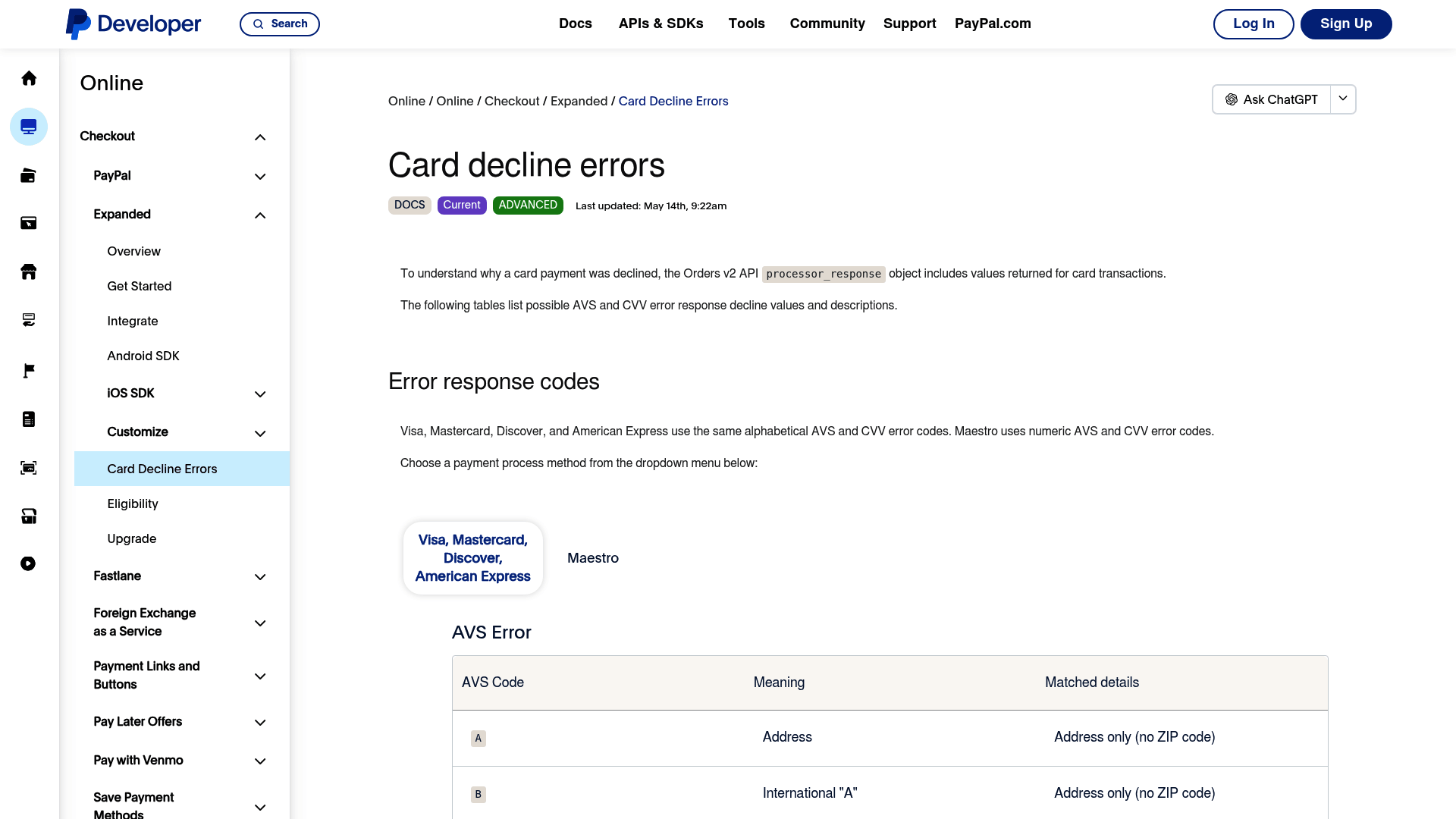 Screenshot: Table of AVS and CVV error codes that explain why a card payment may be declined.