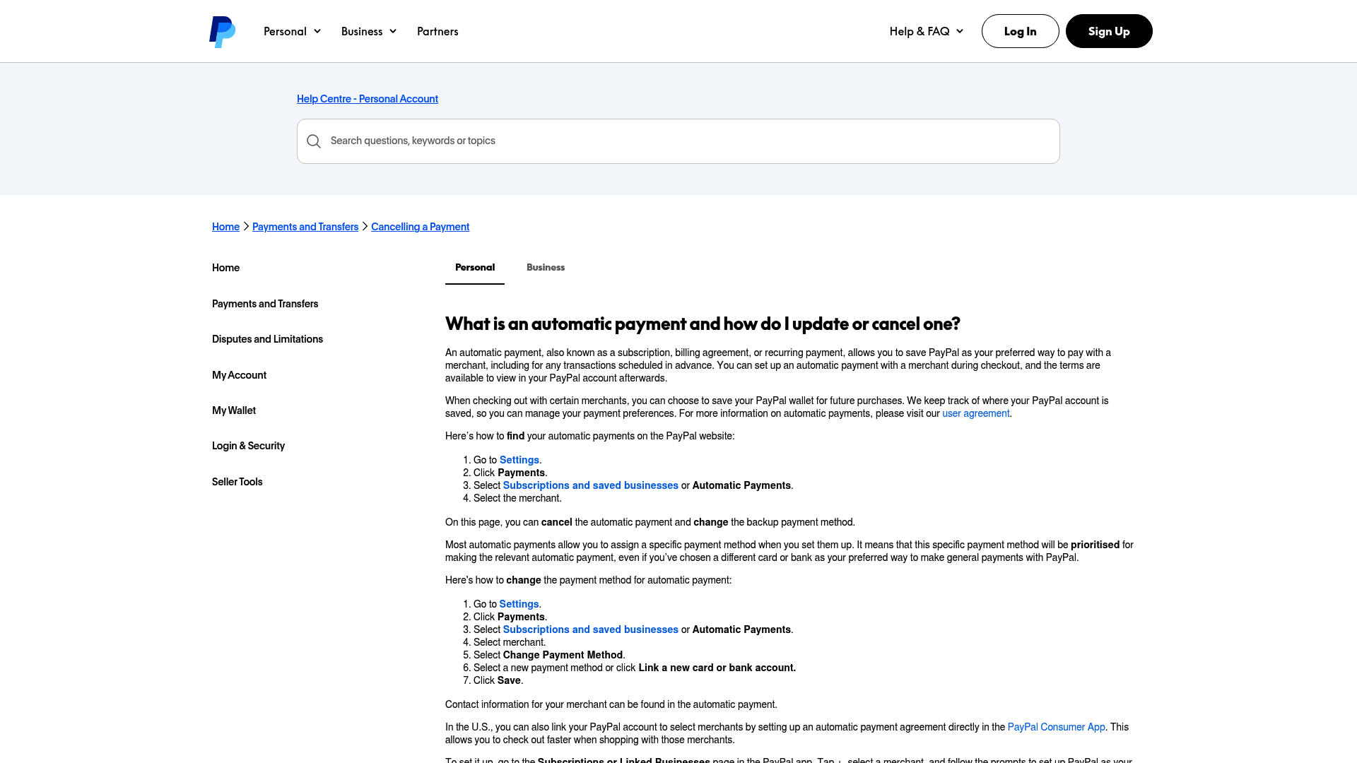 Screenshot: Overview of how to set up and manage Automatic Payments on PayPal, including key steps in the UI.