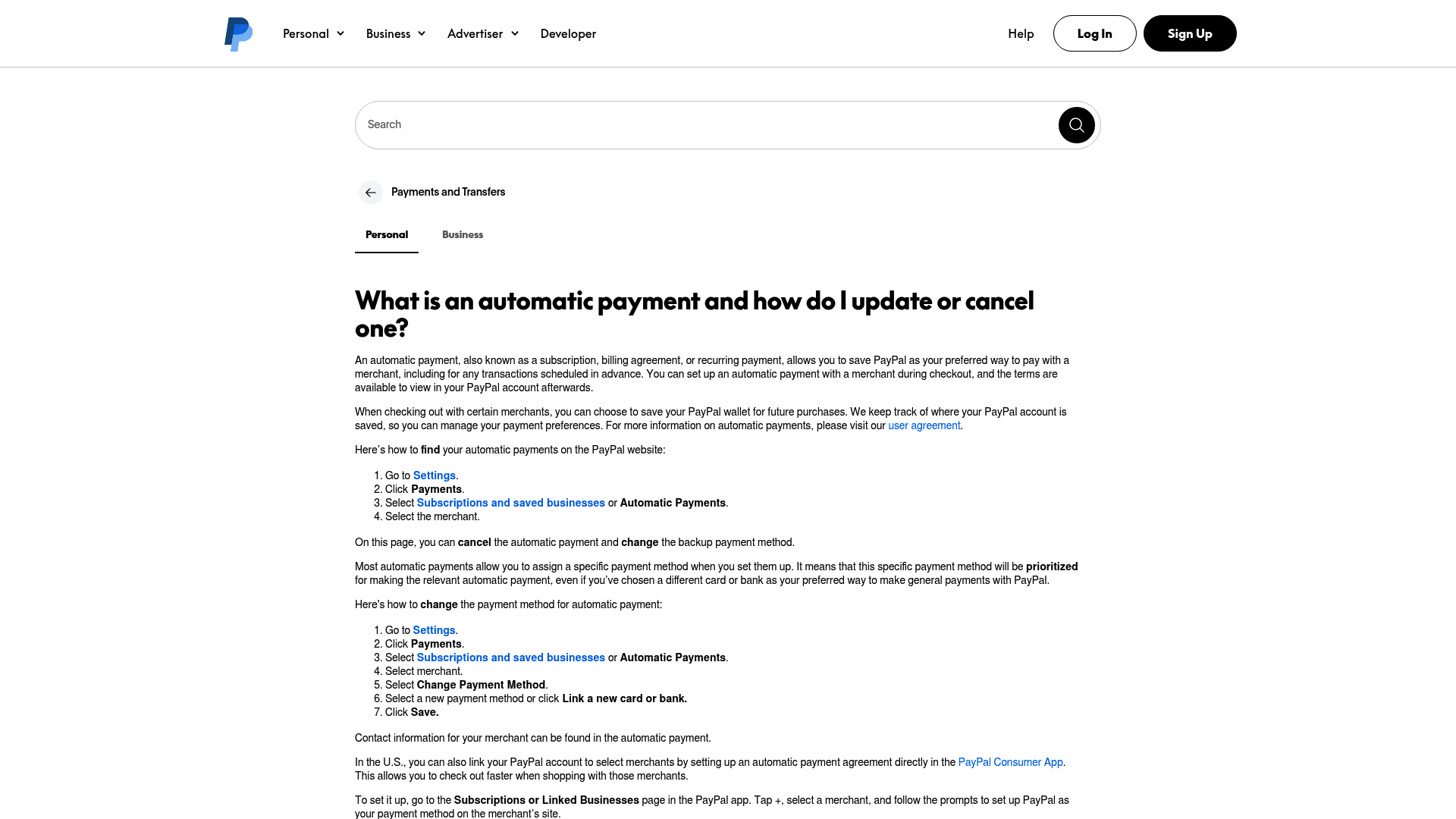 Screenshot: Step‑by‑step screenshot of PayPal&rsquo;s settings navigation to update or cancel automatic payments.