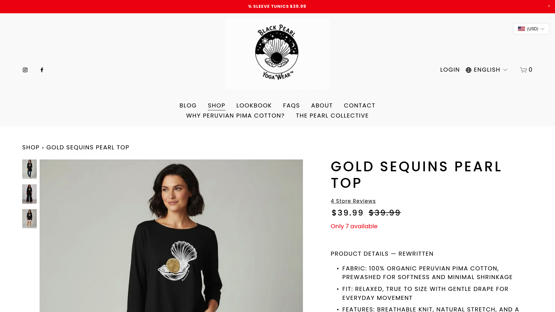 Screenshot: Gold sequins Pearl top page with care instructions and fabric details.