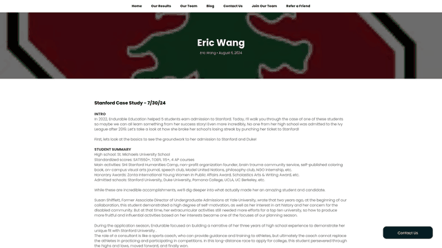 Screenshot: Case study of a student admitted to Stanford, demonstrating value over cost.