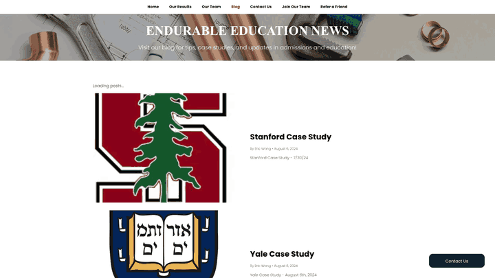 Screenshot: Screenshot of the blog landing page showing case studies and educational content.