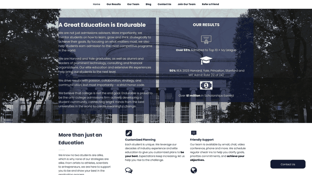 Screenshot: Snapshot of the "Our Results" section showing admission success rates and scholarship earnings.