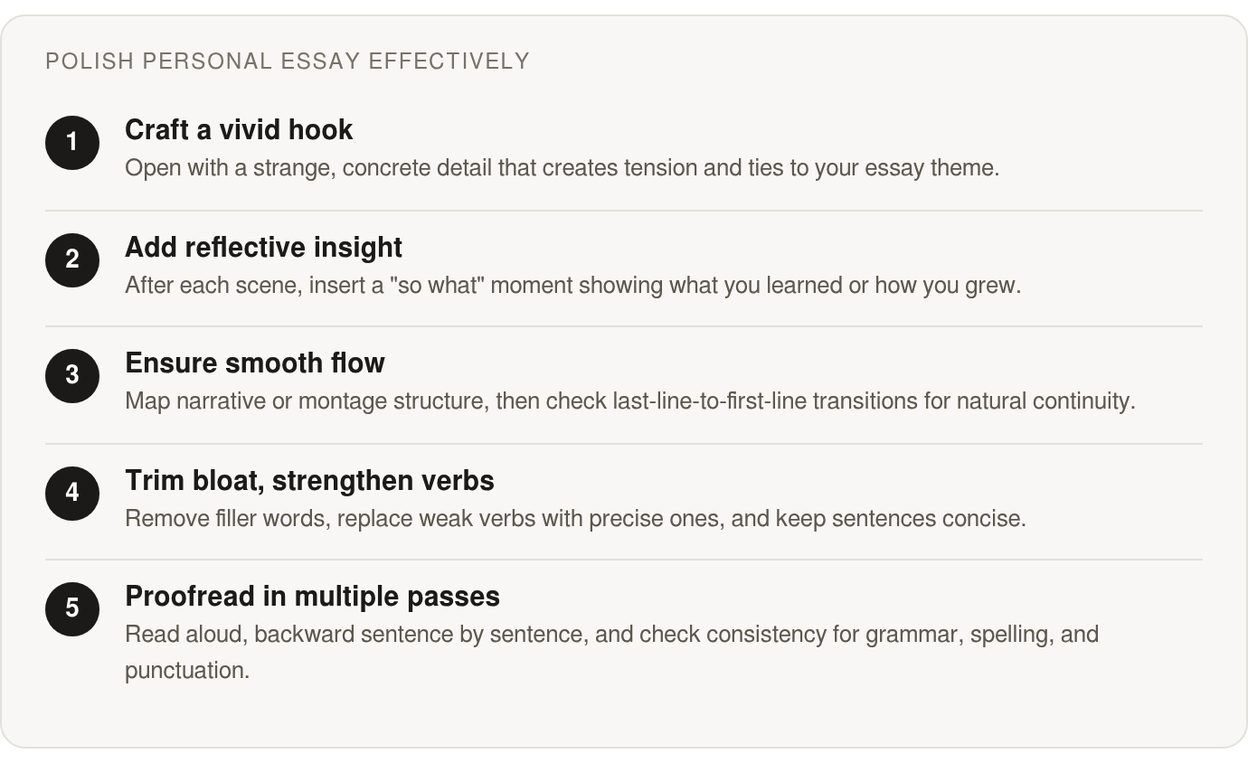 Step by step: Craft a vivid hook; Add reflective insight; Ensure smooth flow; Trim bloat, strengthen verbs; Proofread in multiple passes