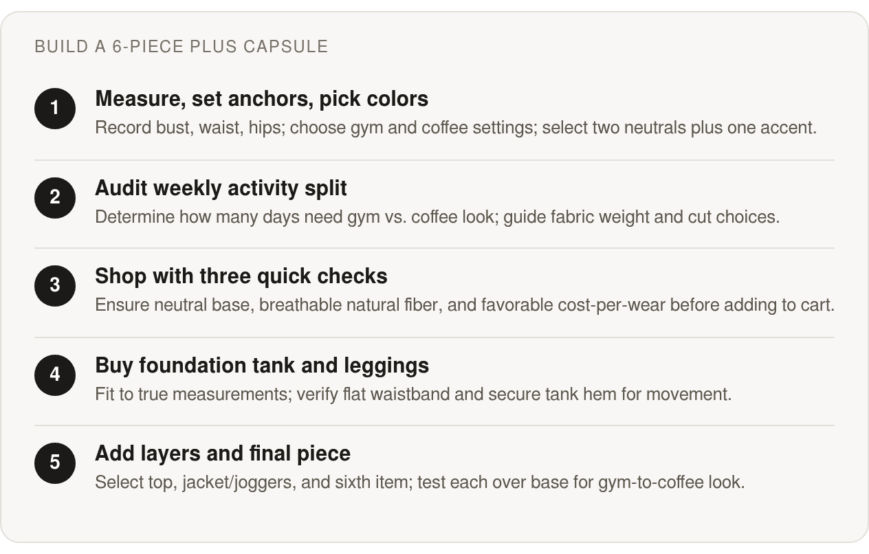 Step by step: Measure, set anchors, pick colors; Audit weekly activity split; Shop with three quick checks; Buy foundation tank and leggings; Add layers and final piece