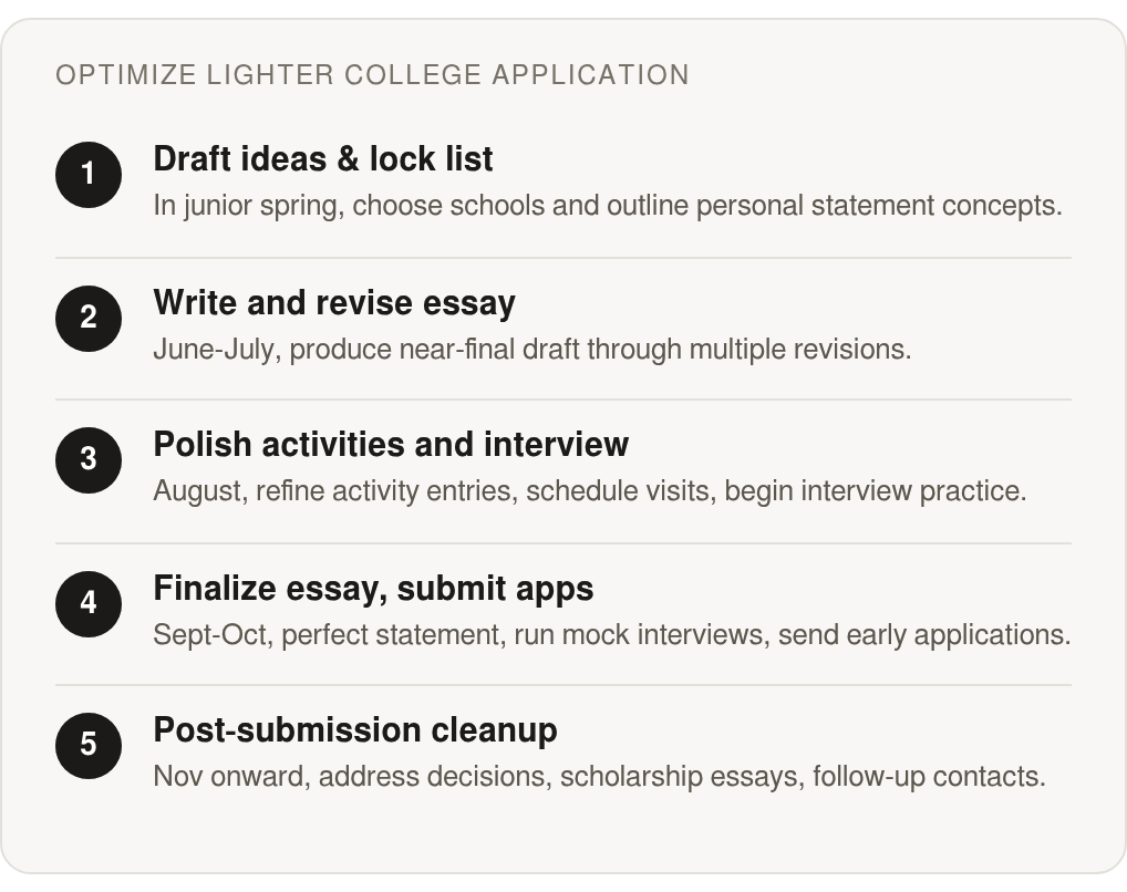 Step by step: Draft ideas & lock list; Write and revise essay; Polish activities and interview; Finalize essay, submit apps; Post‑submission cleanup