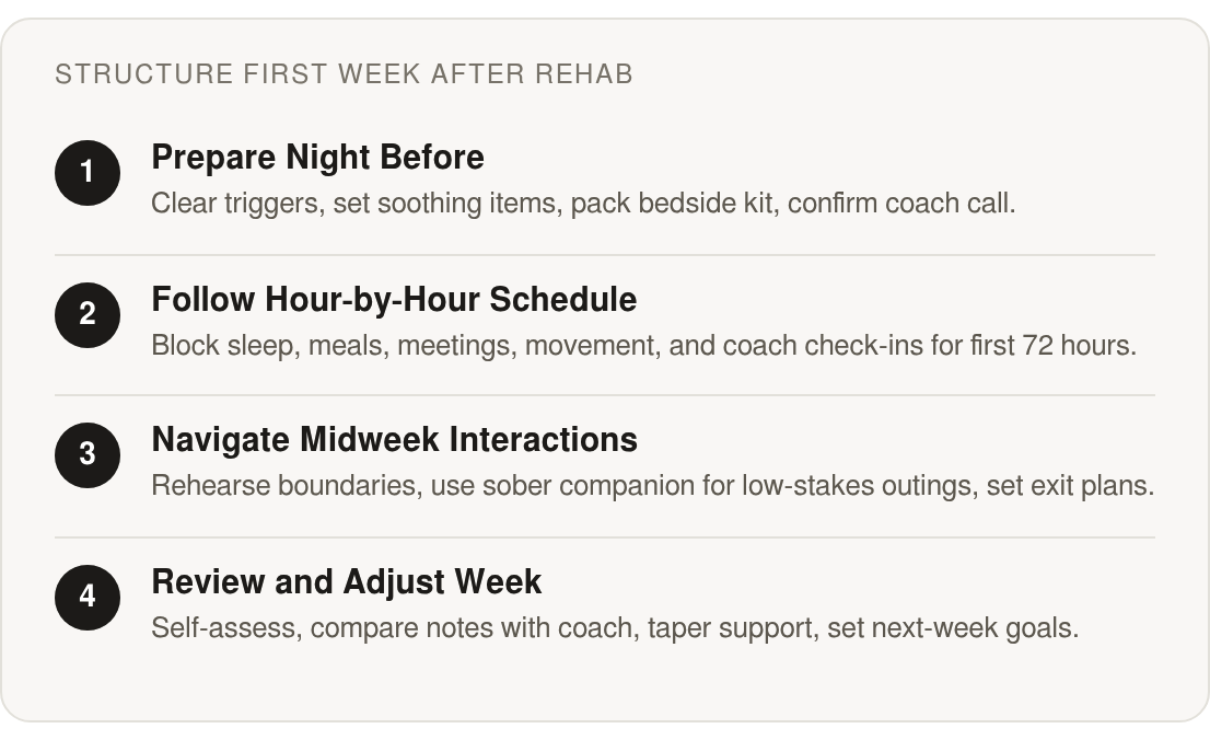 Step by step: Prepare Night Before; Follow Hour‑by‑Hour Schedule; Navigate Midweek Interactions; Review and Adjust Week