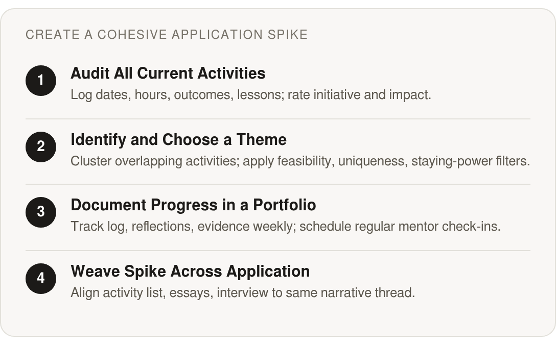 Step by step: Audit All Current Activities; Identify and Choose a Theme; Document Progress in a Portfolio; Weave Spike Across Application
