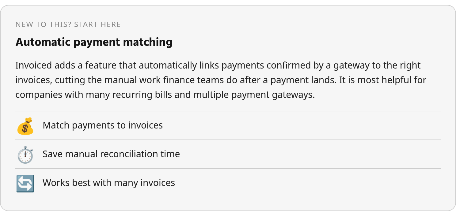 In plain terms: Invoiced describes a feature that automatically links payments confirmed by a gateway to the right invoices, reducing the manual work finance teams do after a payment lands. It is most