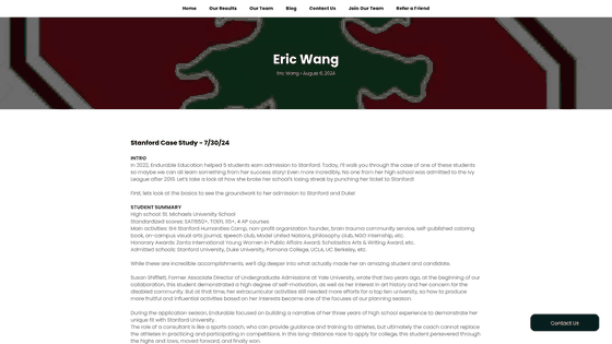 Screenshot: Excerpt of a Stanford case study highlighting student summary, admissions outcomes, and the consultant's role