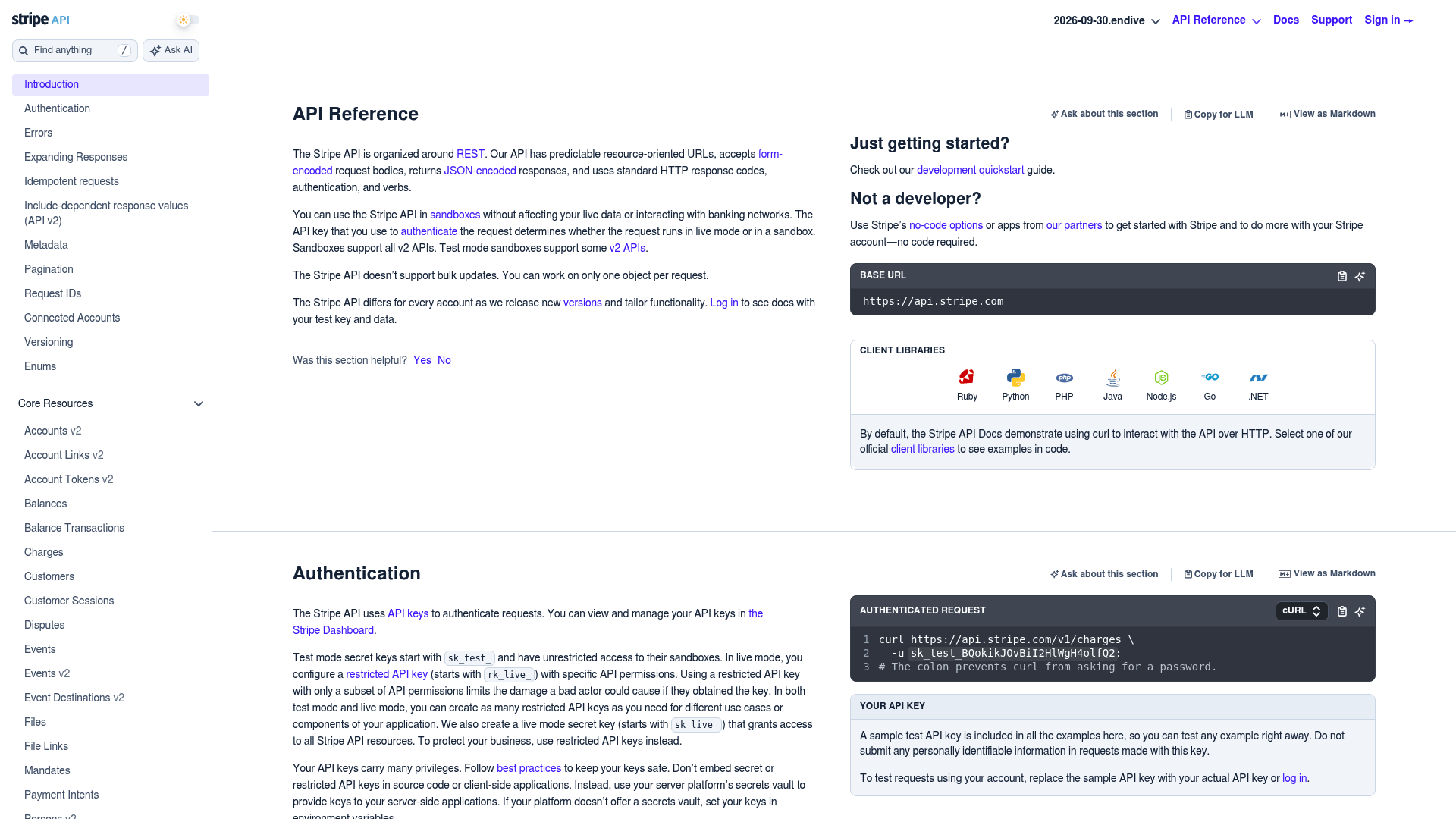 Screenshot: Stripe API reference page that illustrates a typical REST‑based integration UI.