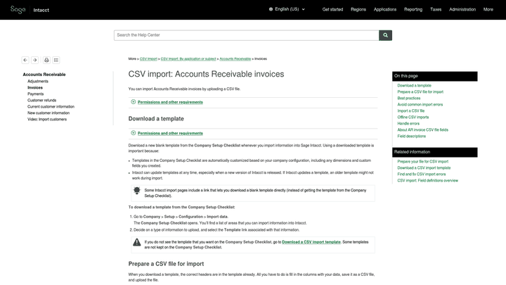 Screenshot: Sage Intacct documentation page that displays the CSV import workflow for AR invoices.