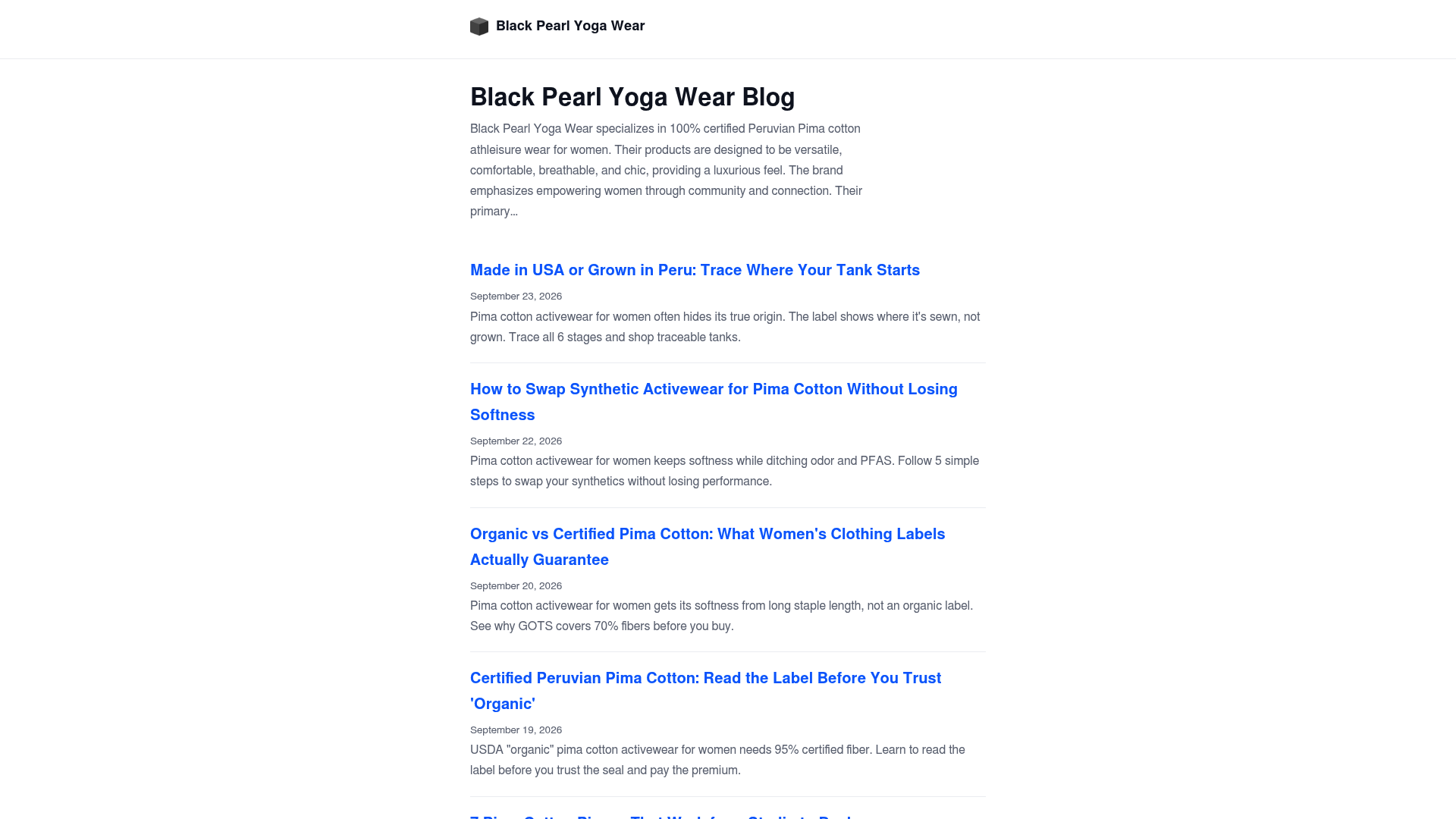 Screenshot: Highlights a blog article title such as “Why Peru's Extra‑Long‑Staple Pima Cotton Actually Survives a Workout,” indicating performance and recovery benefits.