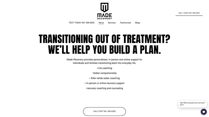 Screenshot: Homepage overview showing MADE Recovery’s branding, service categories and visual layout of team‑based coaching options.