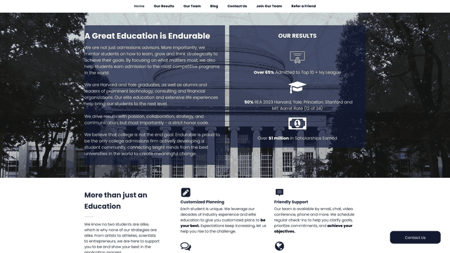 Screenshot: Shows the Endurable Education homepage with team credentials, service highlights and contact options.