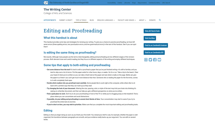 Screenshot: Key editing tips (concise language, strong verbs, avoiding wordy phrases) from a university writing center handout.