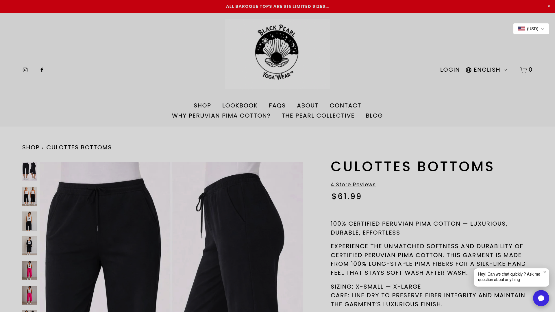 Screenshot: Product page for the Culottes Bottoms, highlighting price, material, and styling details