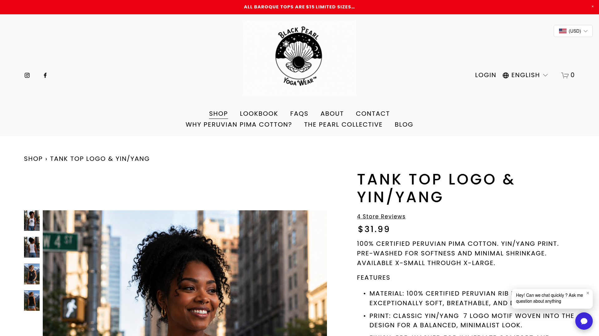 Screenshot: Product page for the Tank Top Logo & Yin/Yang, displaying design, fabric details, and pricing