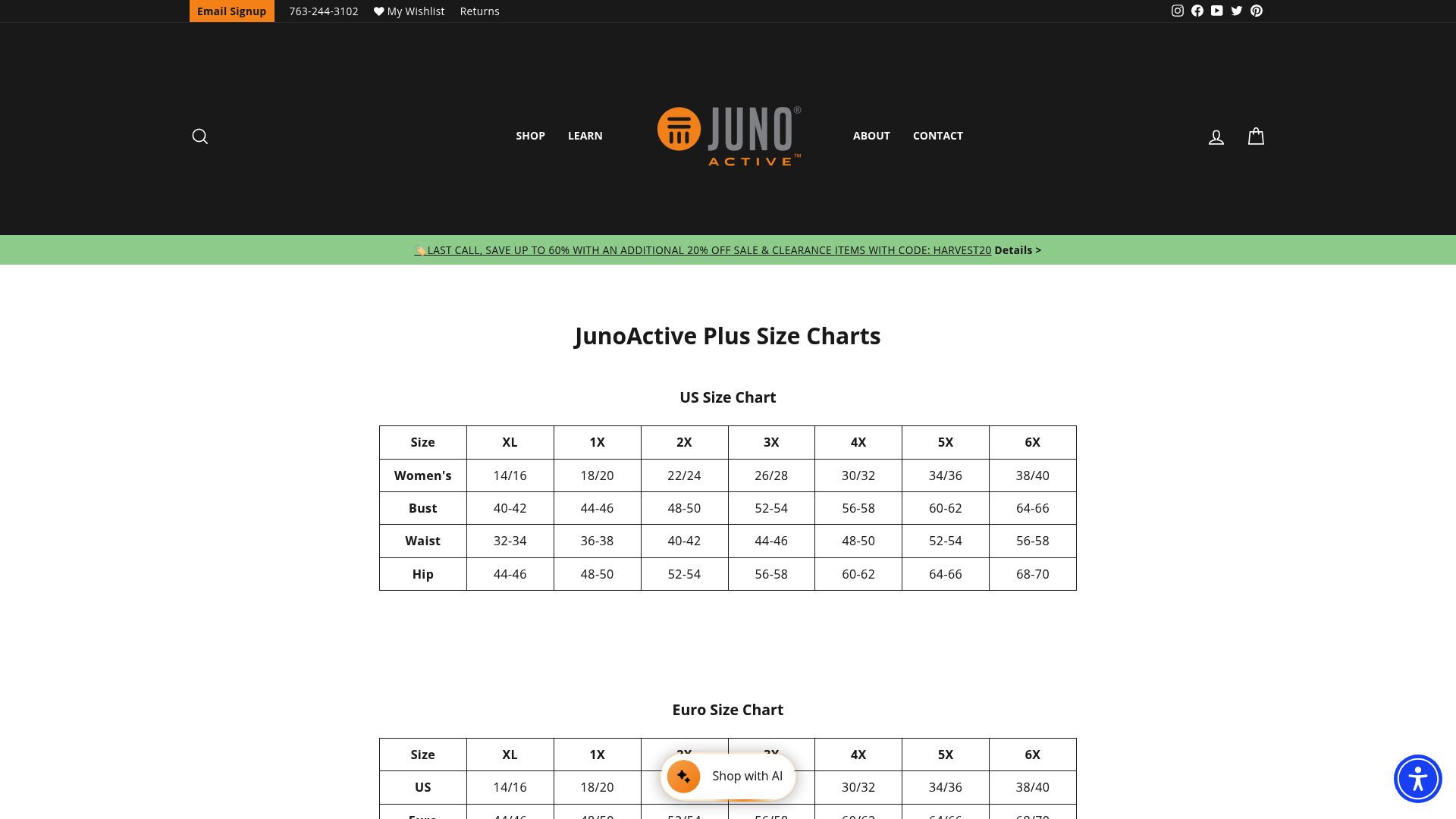 Screenshot: Plus‑size size chart that explains measurement standards across brands