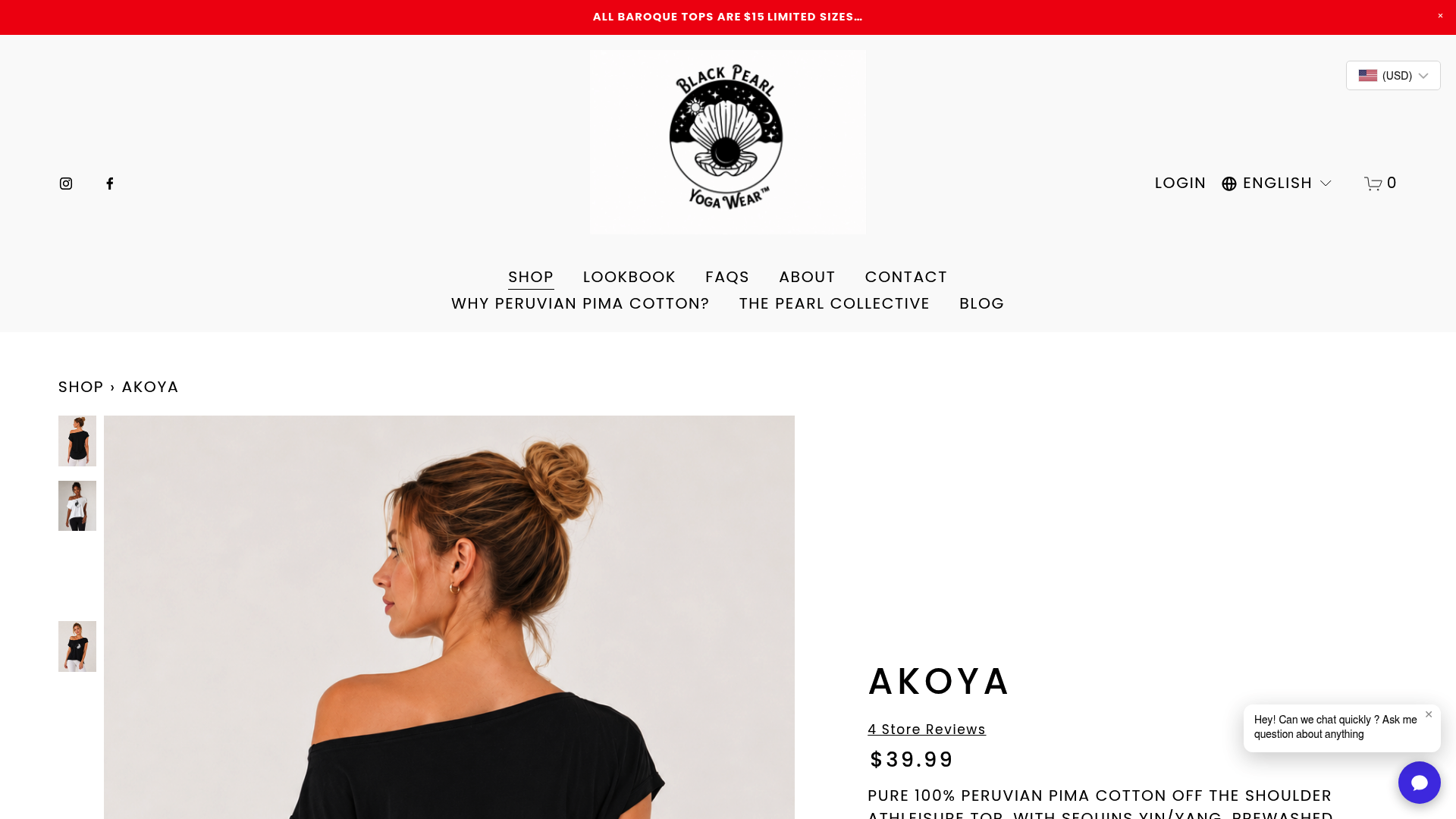 Screenshot: Akoya off‑shoulder top product page highlighting the soft Pima‑cotton material