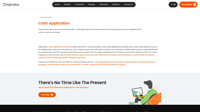 Screenshot: HighRadius cash‑application solution page, illustrating its AI‑driven matching engine and enterprise‑grade UI.