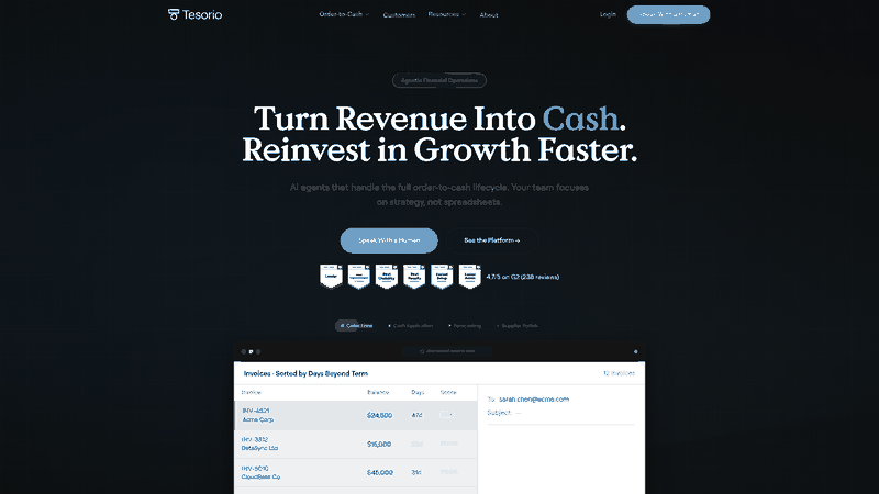 Screenshot: Tesorio homepage featuring its AI agents for collections, cash‑matching and forecasting, with a dashboard‑style snapshot.