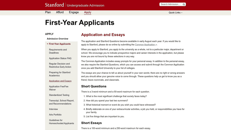 Screenshot: Displays Stanford's three specific short‑essay questions, demonstrating how they differ from the generic Common App prompts.