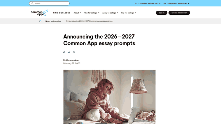 Screenshot: Shows the official 2026‑2027 Common Application essay prompts, illustrating the standard formula most applicants follow.