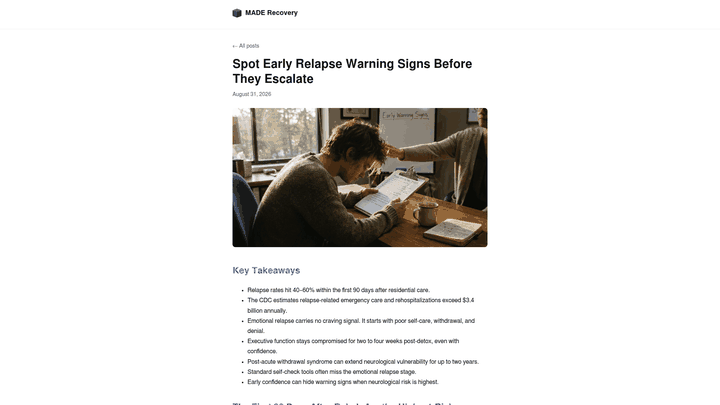 Screenshot: Warning‑signs table and escalation flowchart for early relapse detection and emergency response