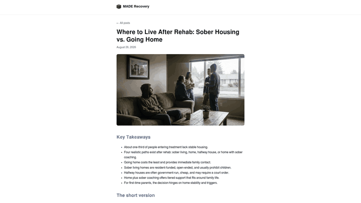 Screenshot: Comparison table of housing options (sober living, home, halfway house, coaching‑supported home) with key safety factors