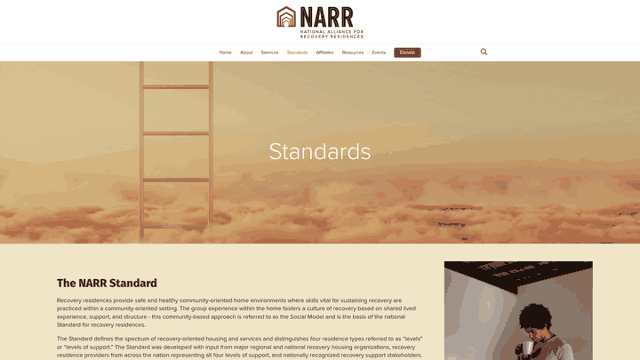 Screenshot: NARR standards page showing the four residence levels and safety criteria for sober living homes
