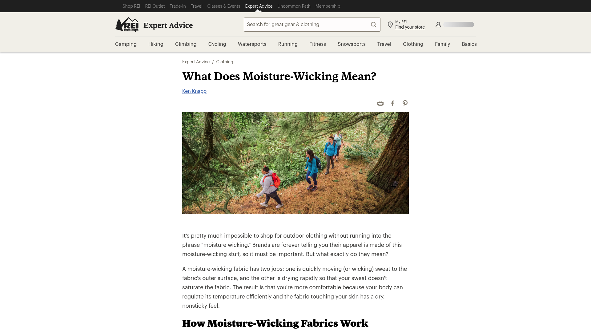 Screenshot: Explanation of moisture‑wicking fabrics (mostly synthetics) and why cotton behaves differently