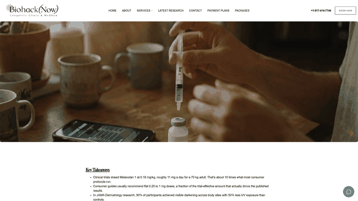 Screenshot: Shows the dosage‑guide section with recommended loading phases and target user profiles for Melanotan I.