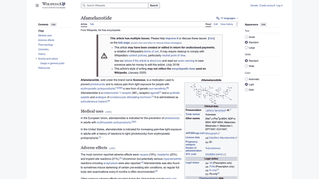 Screenshot: Wikipedia overview of Afamelanotide, including its medical uses, mechanism, and safety profile.