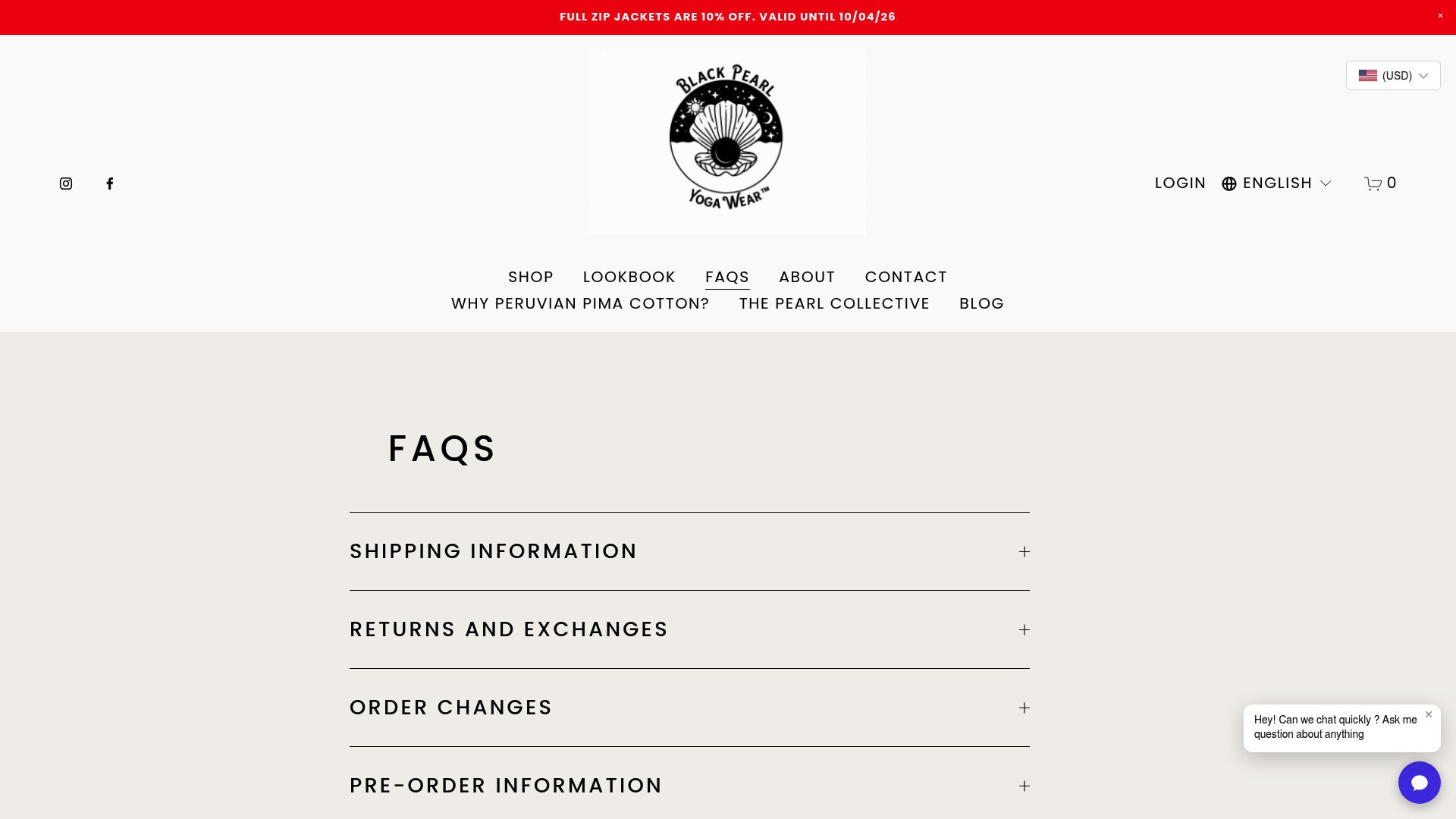 Screenshot: FAQ sizing section that advises on fit and sizing considerations for activewear